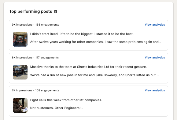 Reed Lifts top performing LinkedIn posts