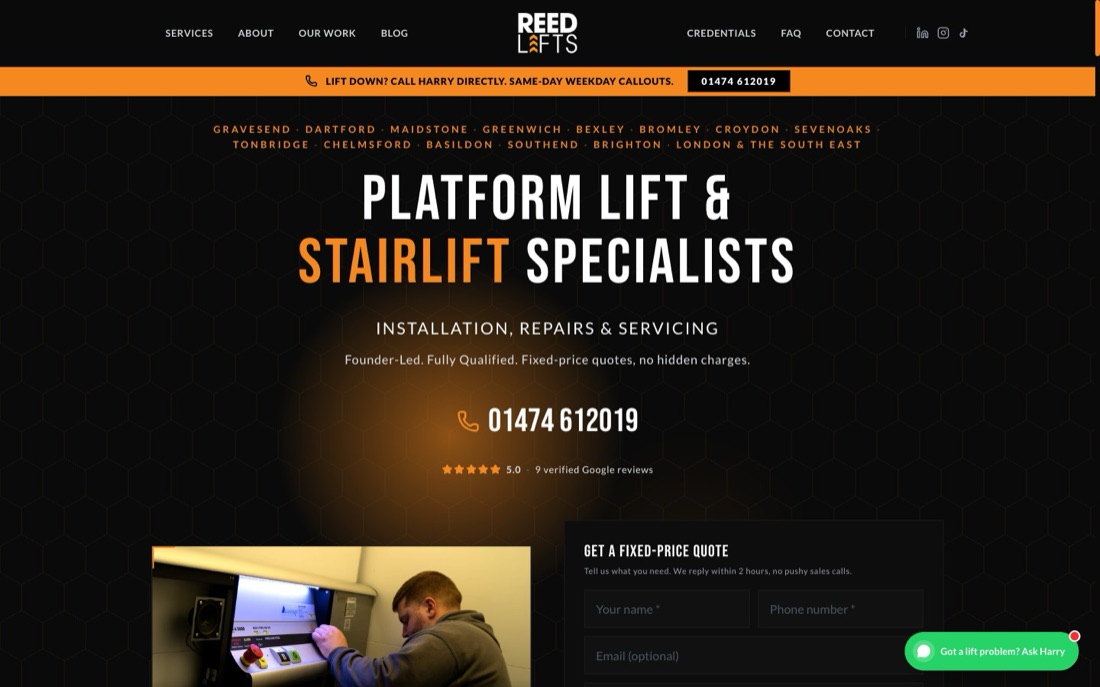 Reed Lifts homepage, live